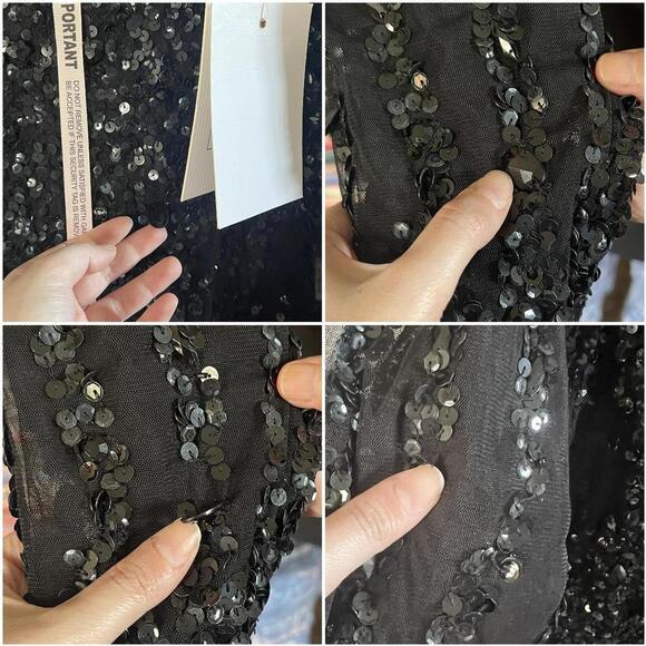 Mac Duggal Black Sequin Mesh Sheer Mini Dress Long Sleeve V Neck Party Sz 12 - Picture 7 of 8